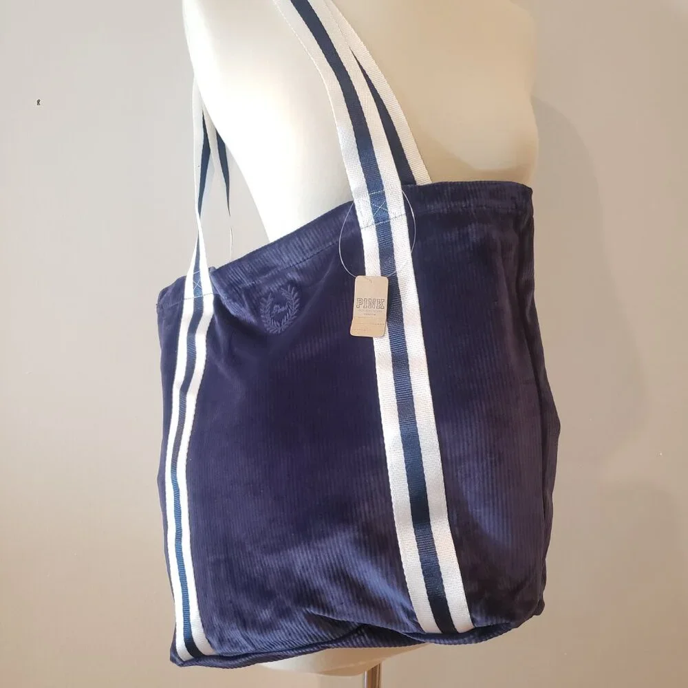 3/$42 Victoria’s Secret PINK Navy Velour Tote Bag NWT - Picture 2 of 6